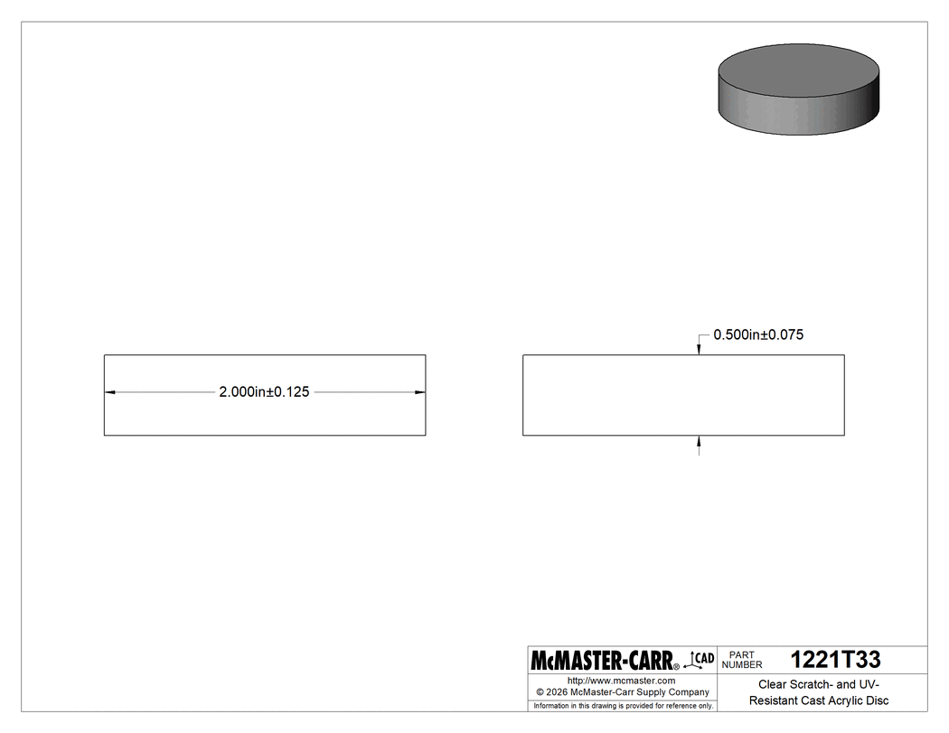 Technical Drawing of Clear Scratch- and UV-Resistant Cast Acrylic Disc, 1/2" Long, 2" Diameter.